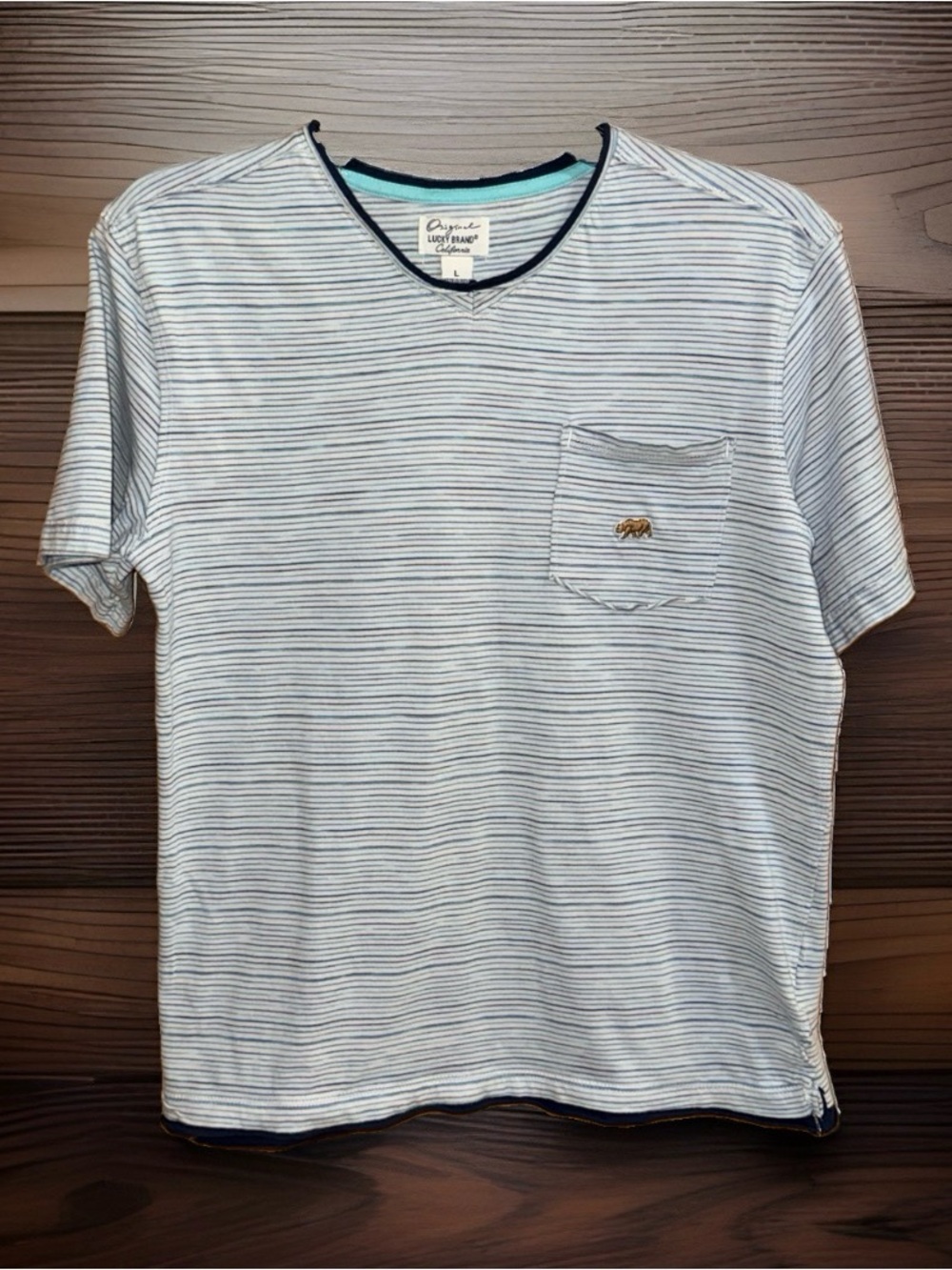 Lucky Brand Light Blue & White Striped Short Sleeve Pocket Tee-L-EC